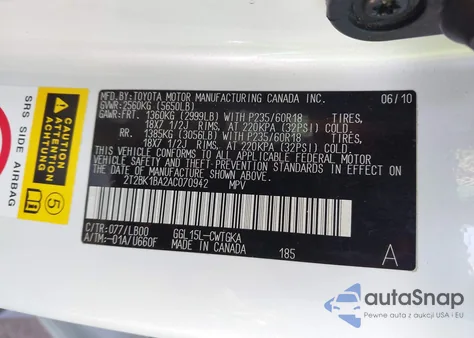 2010 Lexus Rx 350 z USA, uszkodzony, nr VIN 2T2BK1BA2AC070942